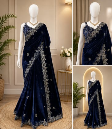 Women's Navy Blue Velvet Saree with Silver Embroidery