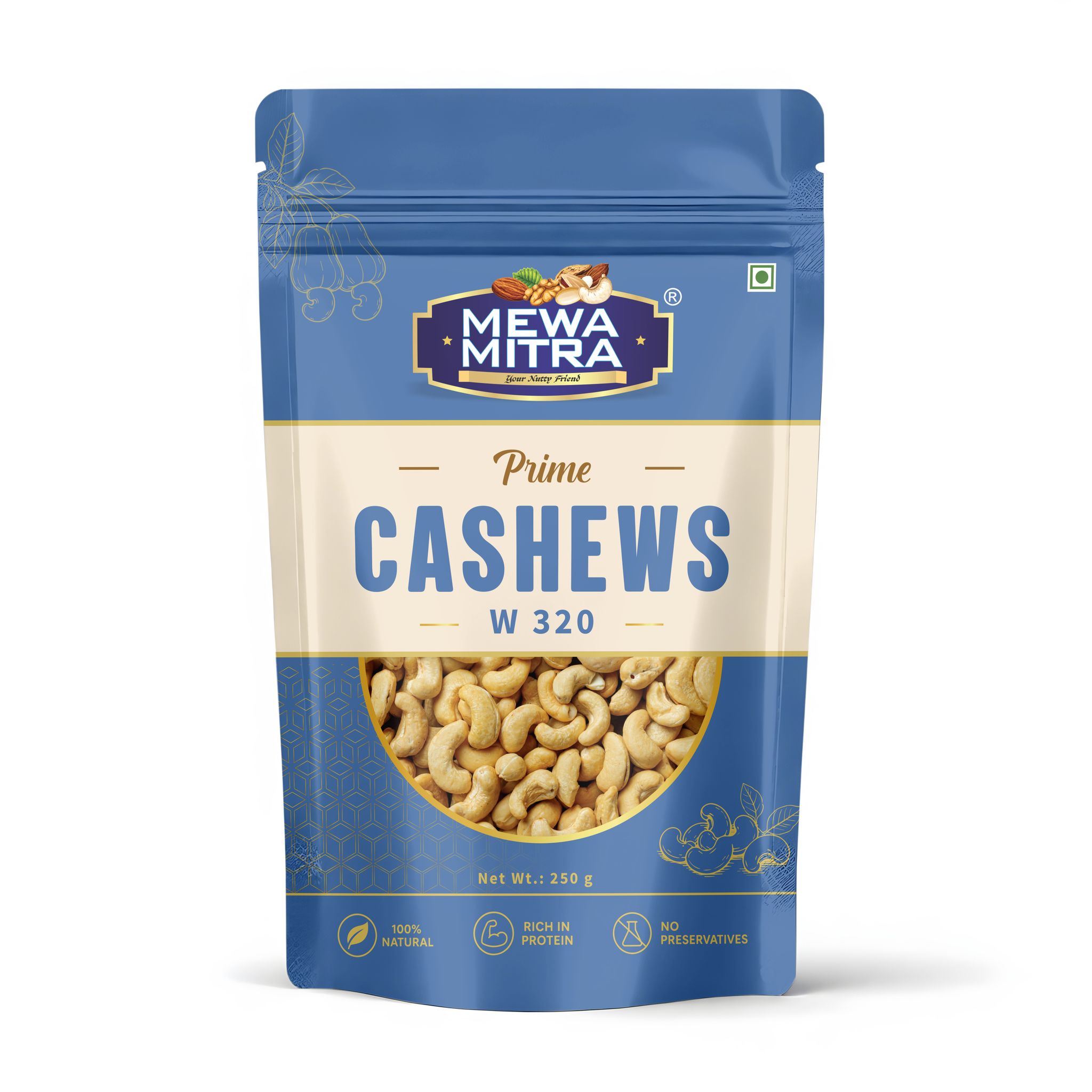 Mewa Mitra Prime Cashews W320 250g | Premium Whole Kaju | Natural High Protein Dry Fruits