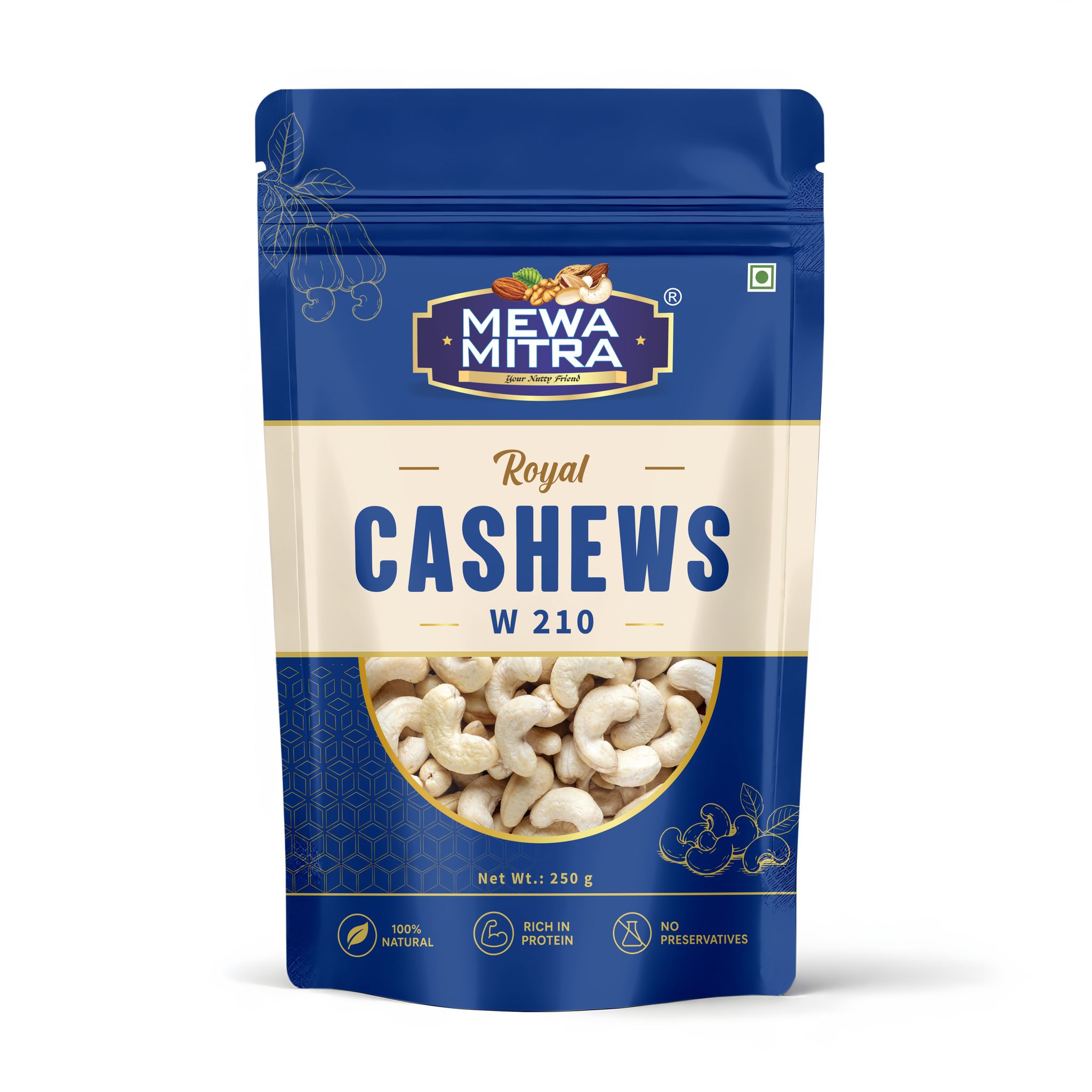 Mewa Mitra Prime Cashews W210 250g | Premium Jumbo Whole Kaju | Natural High Protein Dry Fruits