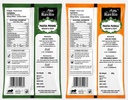 Aarvee Ravito Macaroni & Penne Pasta (Pack of 2, 800g)