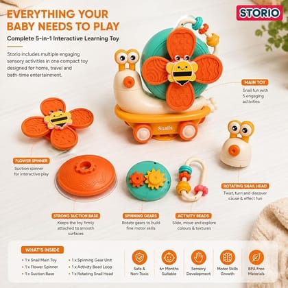 Storio 5-in-1 Baby Suction Spinner Toy, Interactive Learning Set with Rattle and Sensory Play, for 6+ Months Kids - Orange & Cream