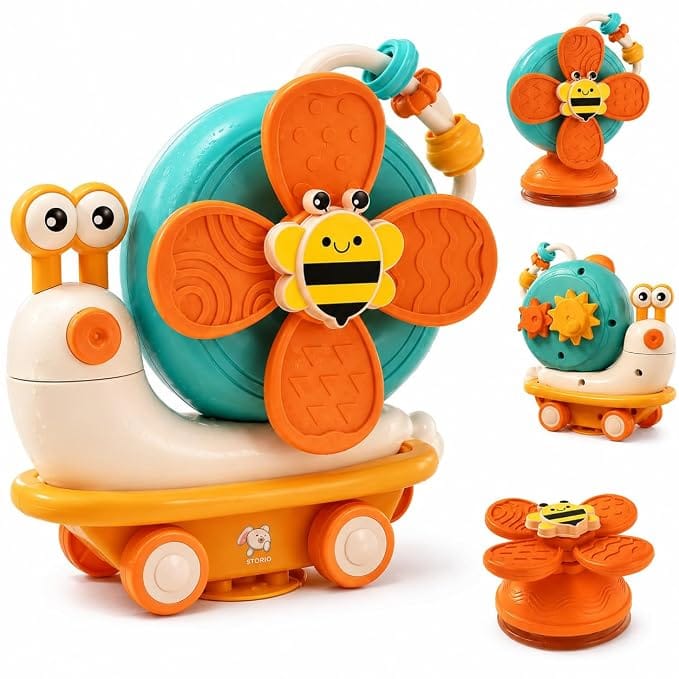 Storio 5-in-1 Baby Suction Spinner Toy, Interactive Learning Set with Rattle and Sensory Play, for 6+ Months Kids - Orange & Cream