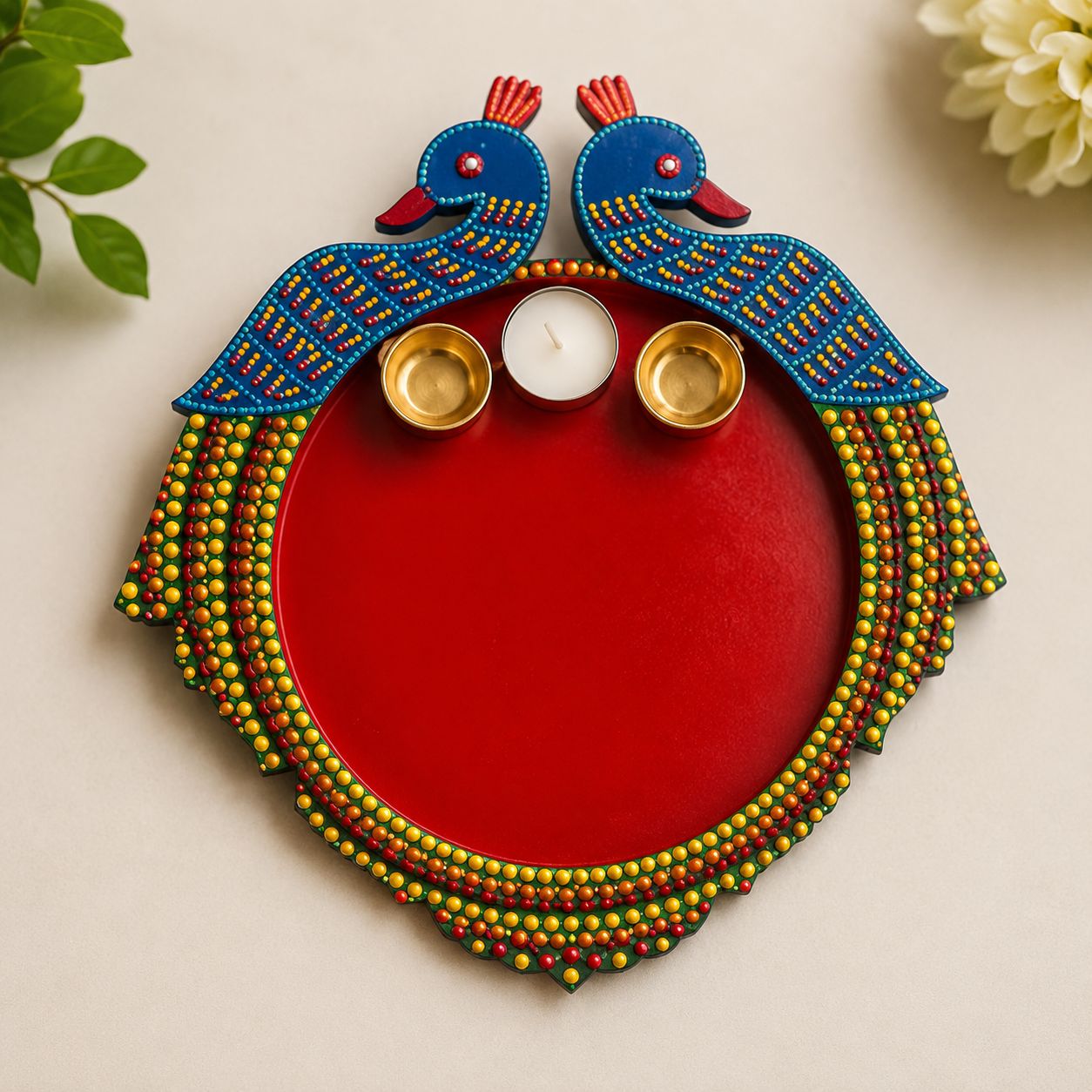 Handpainted Peacock Dot Art Puja Thali