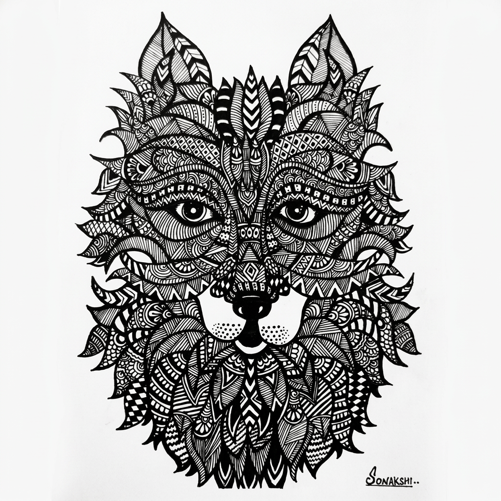 Sonakshi Hand-Drawn Wolf Mandala Framed Art Print