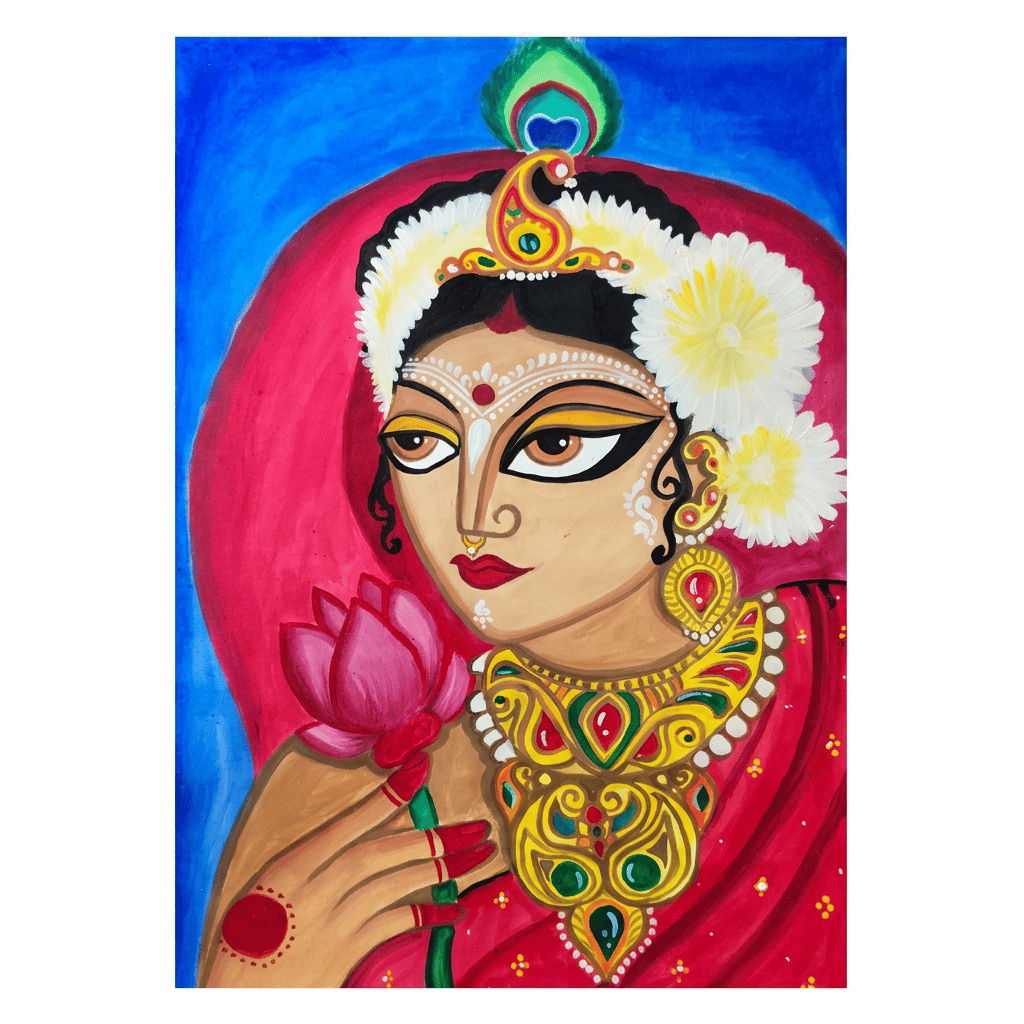 Traditional Kalighat Radha Painting with Lotus and Peacock Feather, Framed