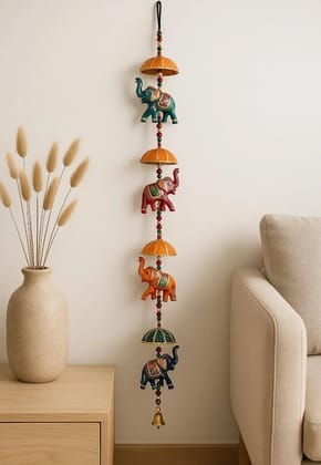 Hand-Painted Multi-Color Elephant & Bell Door Hanging (4 Elephants)
