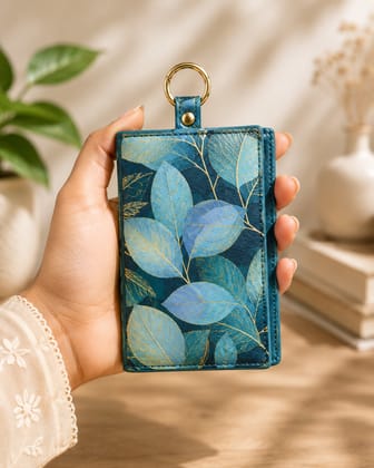 Teal Blue Leaf Patterned ID Badge Holder with Gold-Tone Ring