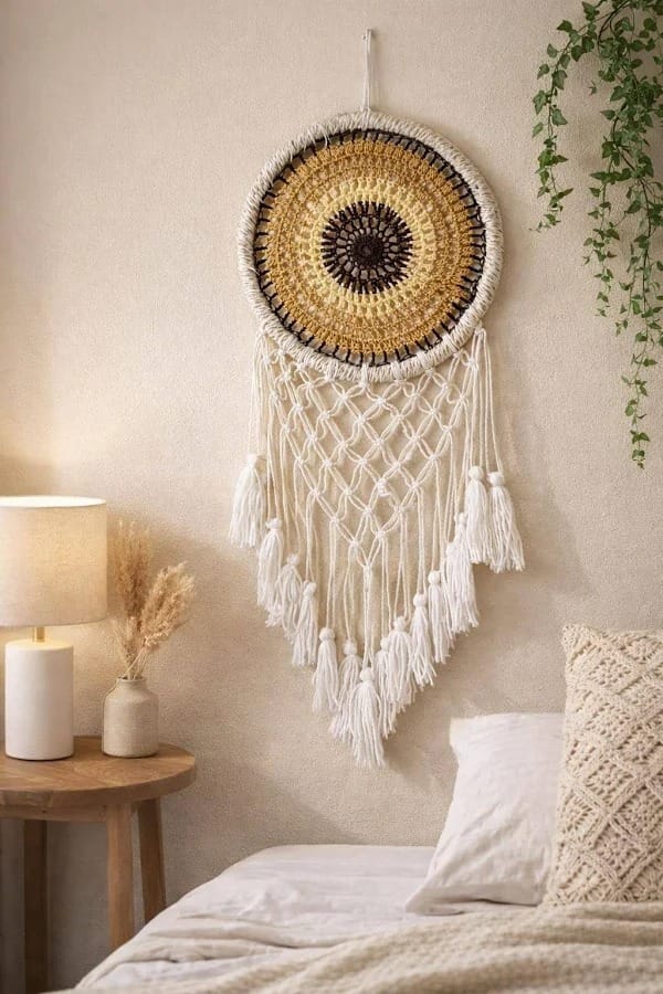 Large Boho Macrame and Crochet Wall Hanging - Sunflower Mandala Design
