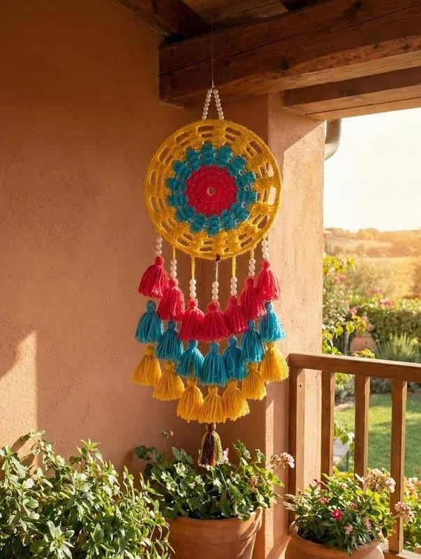 Handcrafted Crochet Boho Dreamcatcher Tassel Wall Hanging, Multi-Color Decor