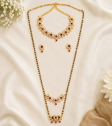 Traditional Gold Plated Mangalsutra Combo with Kundan & Ruby Accents Traditional Gold Plated Mangalsutra Combo with Kundan & Ruby Accents