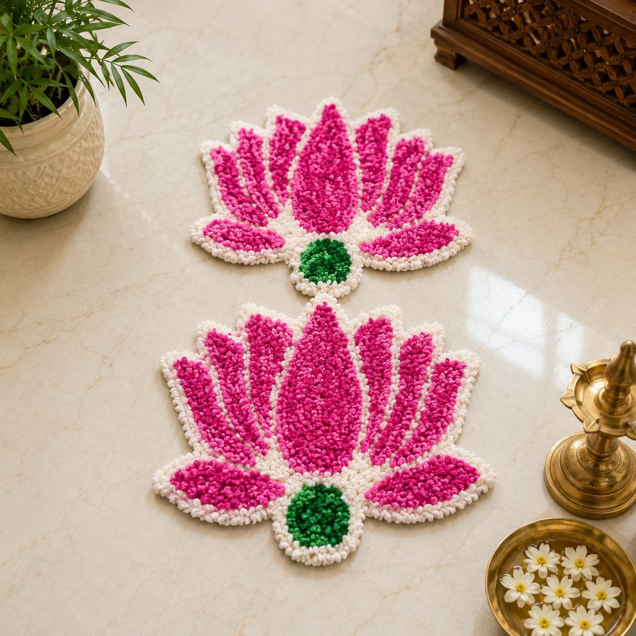 Handmade Lotus Shape Fabric Rangoli Mat Set of 2