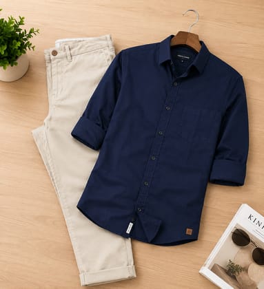 French Crown Navy Blue Button-Down Shirt & Beige Chino Pants Set