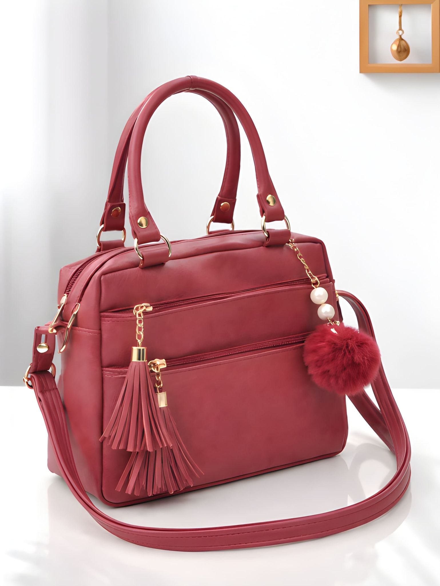 Women's Fashion PU Leather Shoulder Tote Bag with Pom Pom Keychain & Scarf | Office, Shopping & Travel Handbag (Heavy Quality)