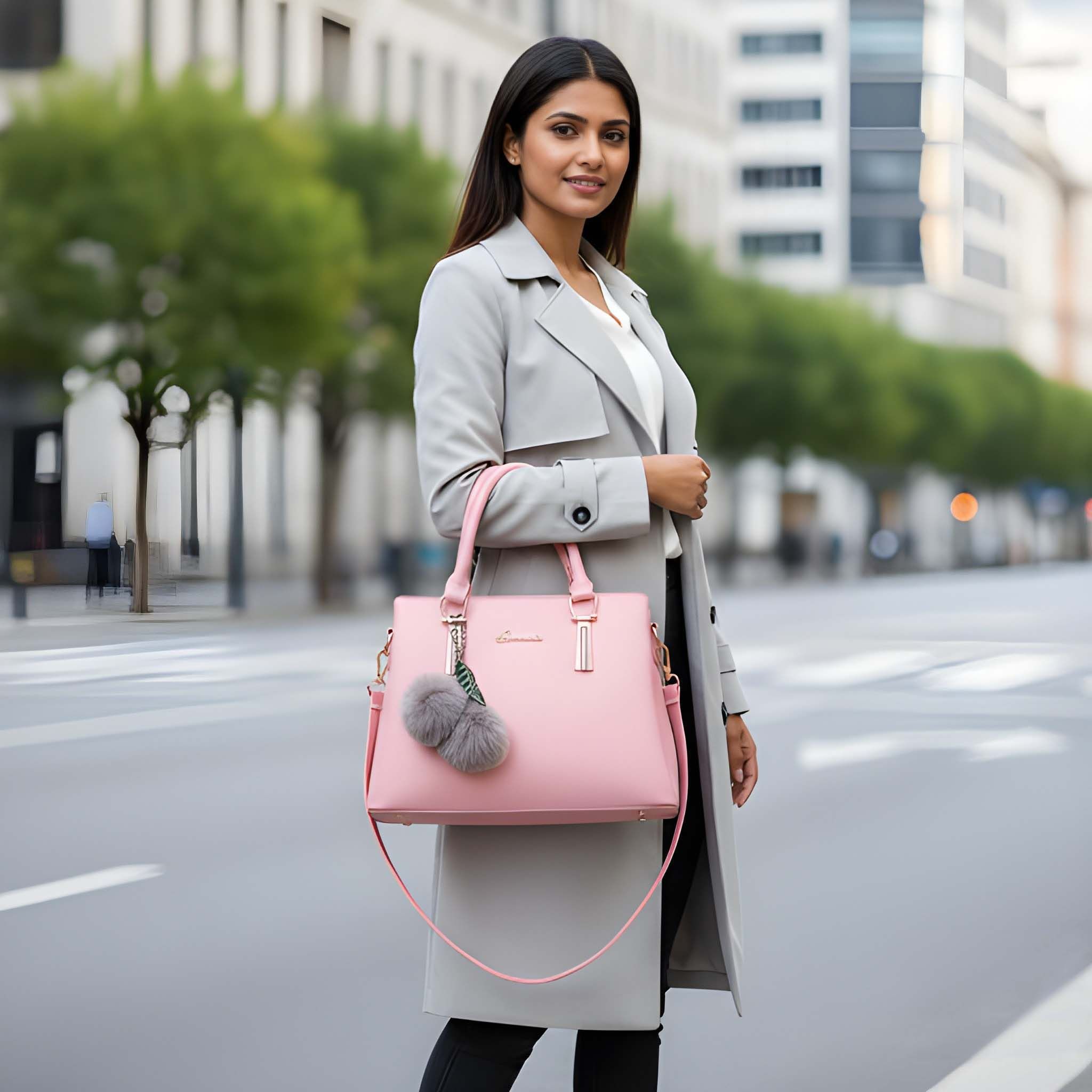 Elegant Women's Leather Finish Handbag with Sling Strap | Fashion Tote Bag with Scarf & Pom Pom for Office & Shopping (Heavy Quality)