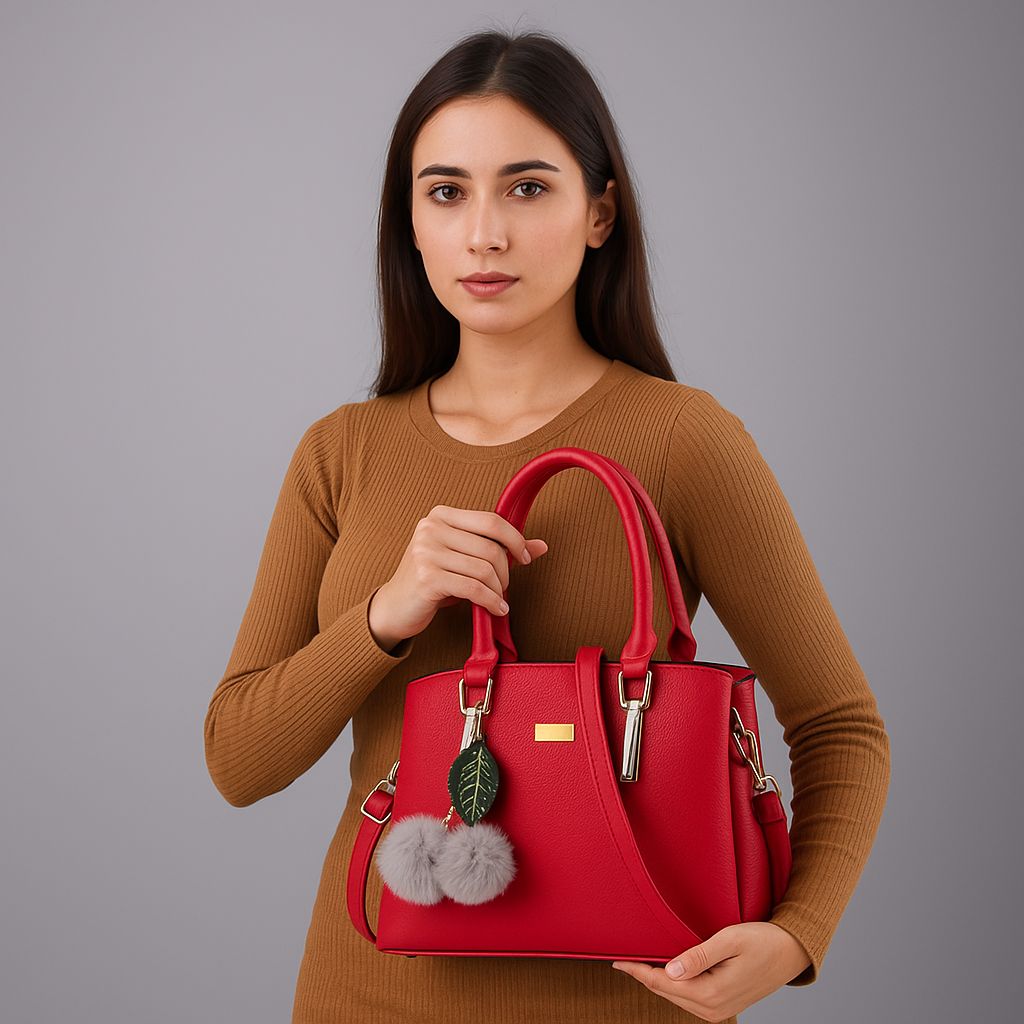 Classic Women's PU Leather Handbag with Sling Belt & Pom Pom Charm | Elegant Tote Purse for Shopping & Daily Carry (Heavy Quality)