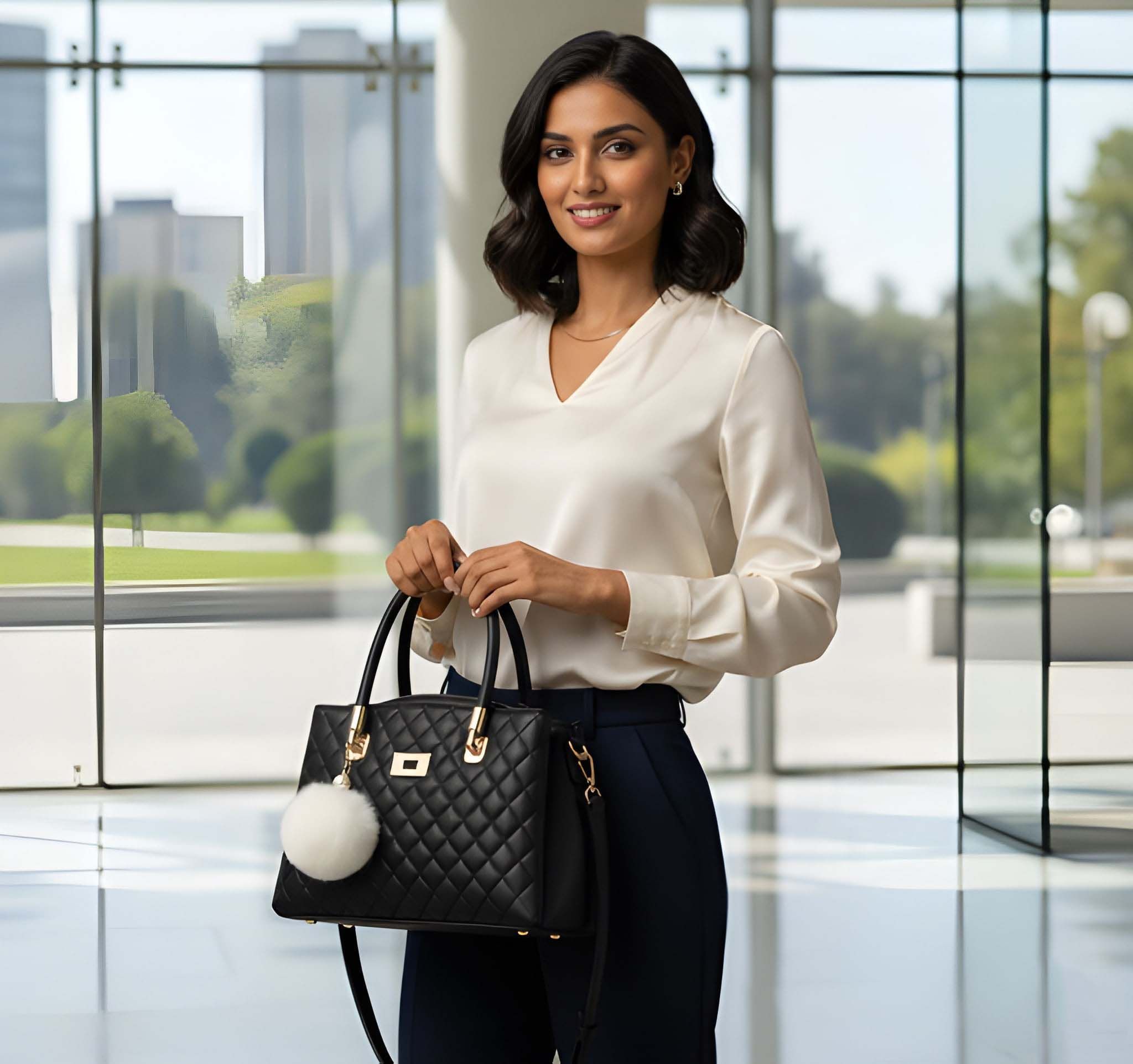 Fashionable Women's Tote Handbag with Sling Strap, Pom Pom Charm & Scarf | Luxury PU Leather Shoulder Bag (Heavy Quality)