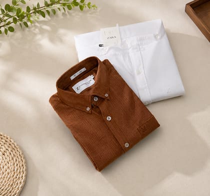 Zara Textured Men's Long-Sleeve Shirt Set (Brown & White, 2-Pack)