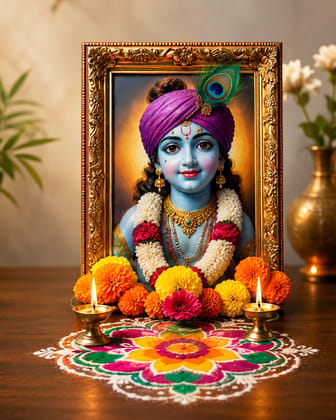 Ornate Framed Lord Krishna Devotional Picture for Puja