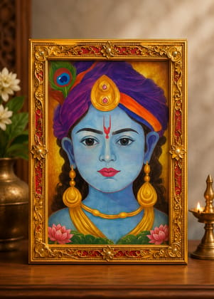 Ornate Framed Lord Krishna Devotional Picture for Home Temple