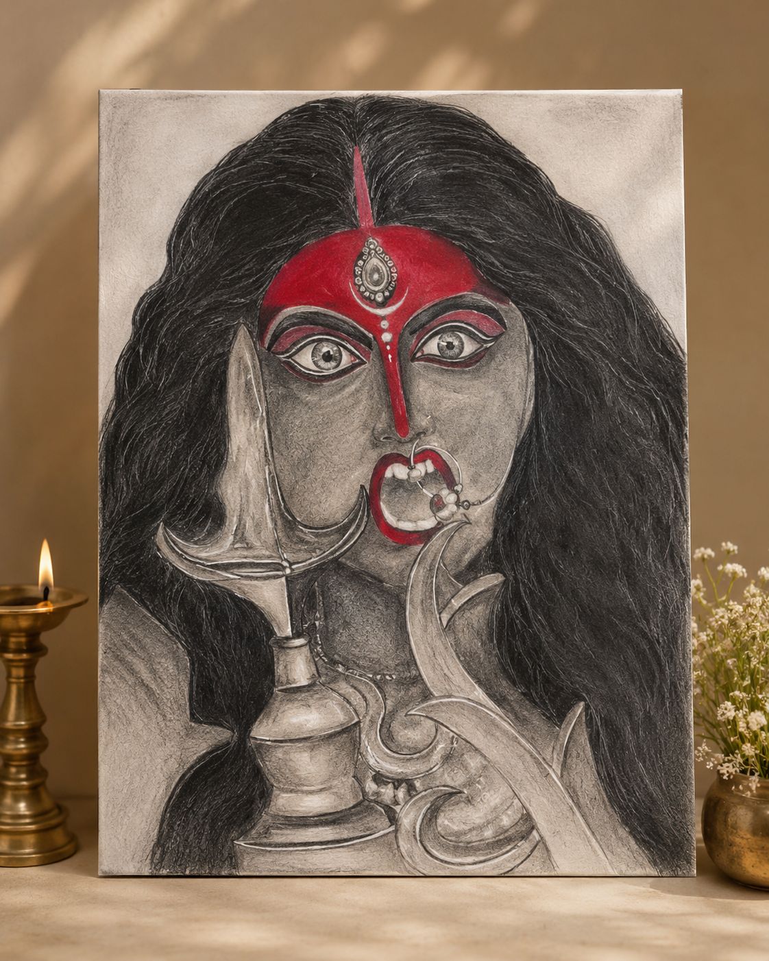Maa Kali Hand-painted Charcoal Sketch on Canvas