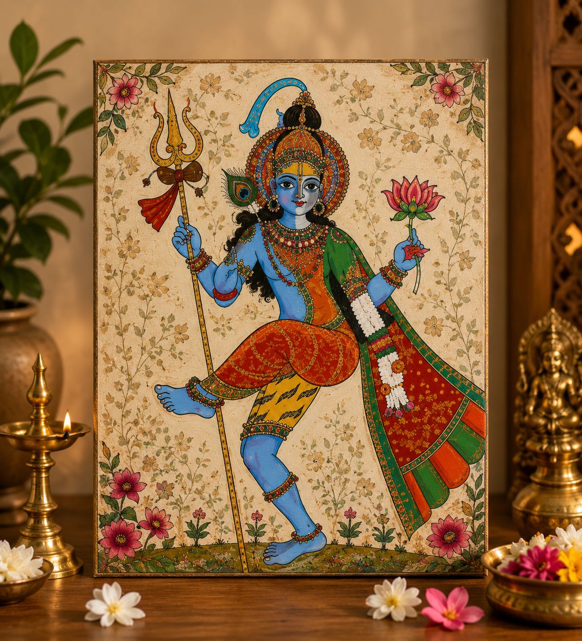 Krishna as Harihara Dancing Hand-Painted Indian Folk Art Panel