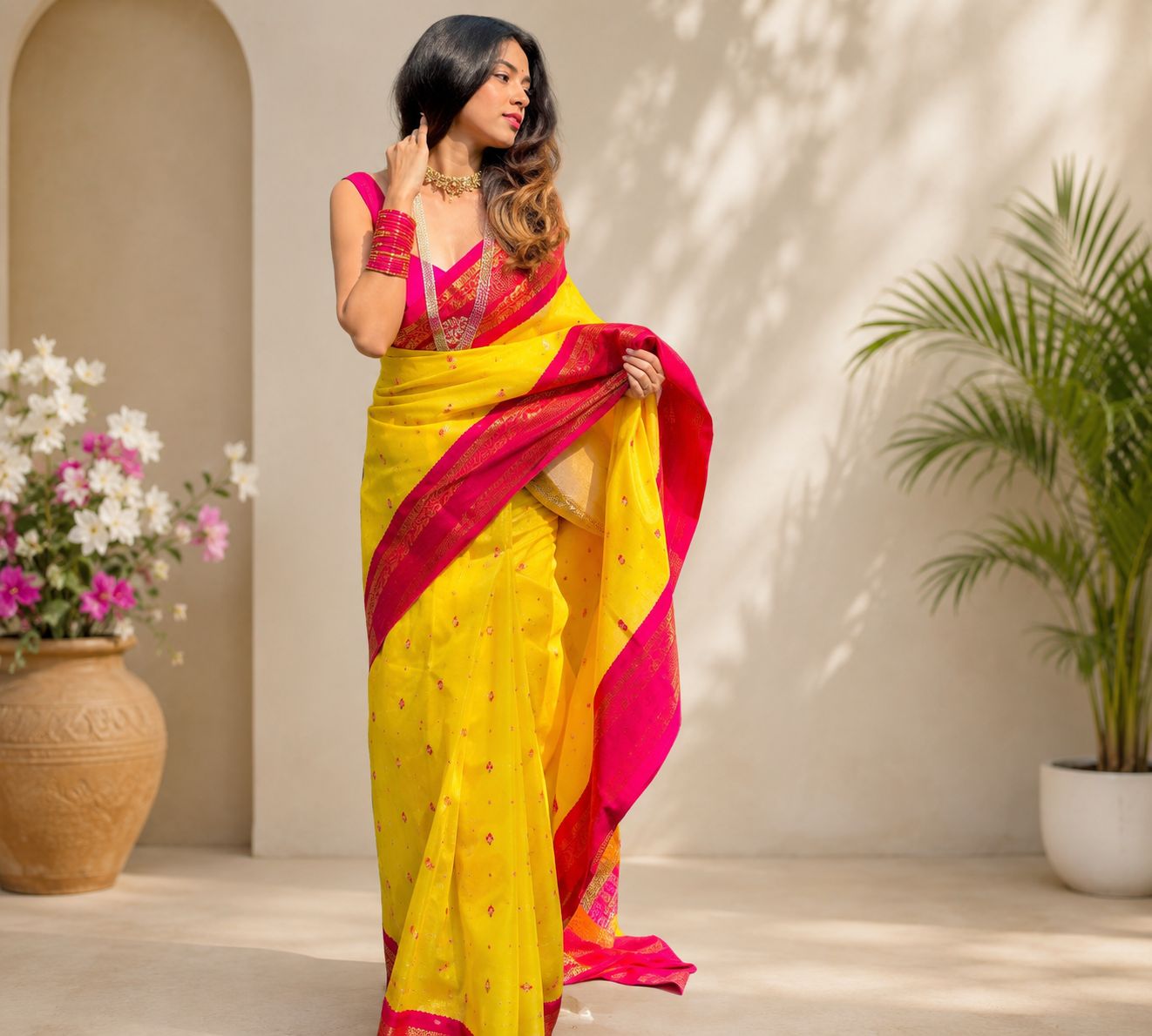 Yellow and Pink Banarasi Silk Saree with Gold Zari Border