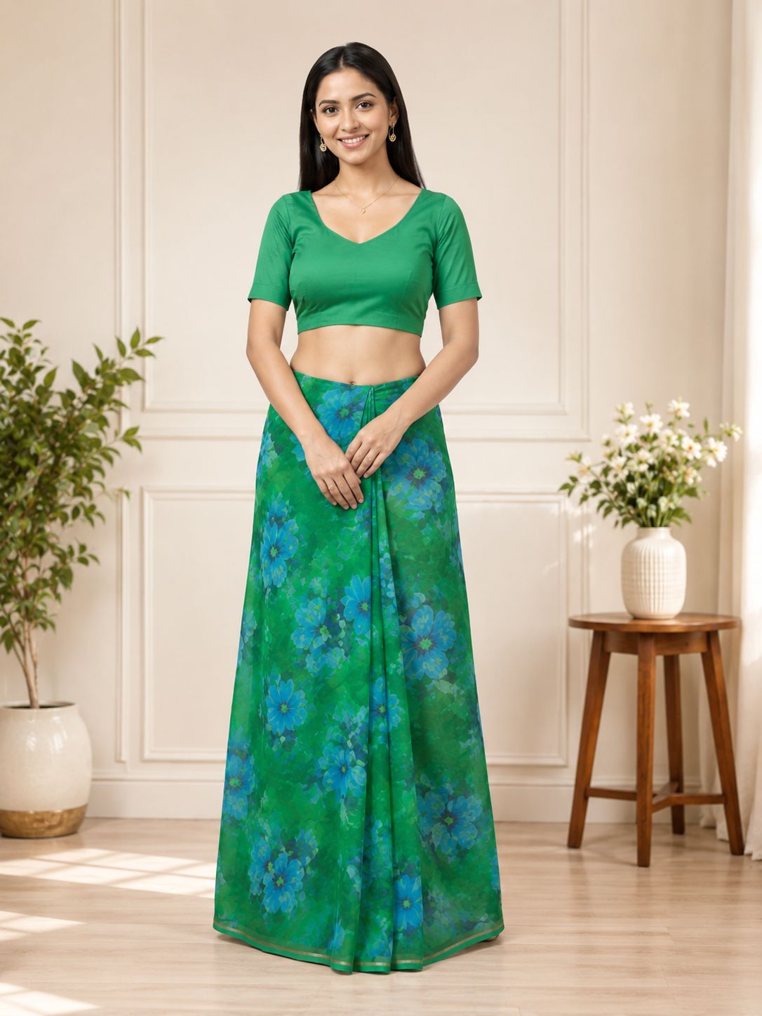 Green and Blue Floral Print Chiffon Saree with Gold Border