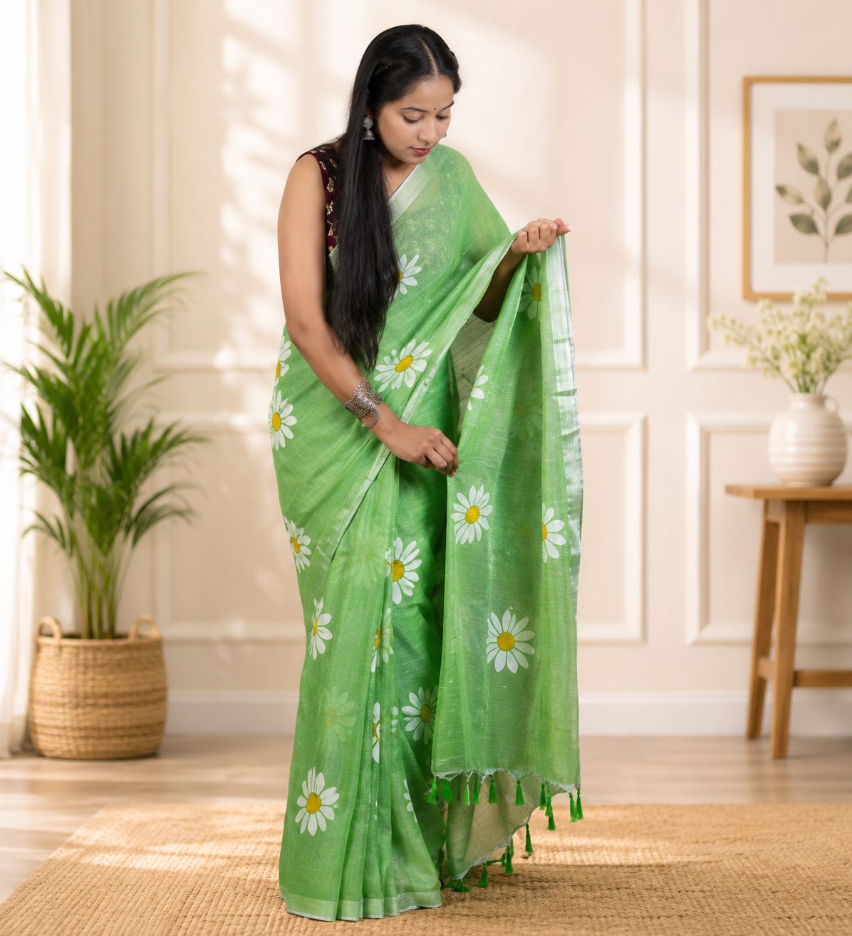 Elegant Grass Green Daisy Print Saree with Tassels