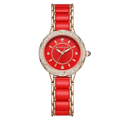 Giordano Flower Case Watch for Women with Crystal-Studded Bezel, Diamond Hour Markers & Dual Tone Stainless Steel Strap (Red)