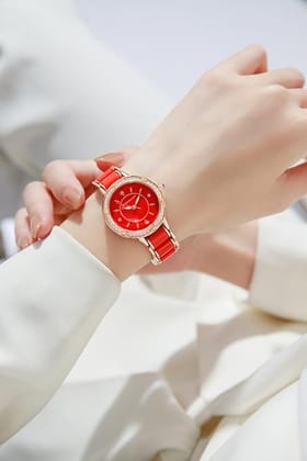 Giordano Flower Case Watch for Women with Crystal-Studded Bezel, Diamond Hour Markers & Dual Tone Stainless Steel Strap (Red)