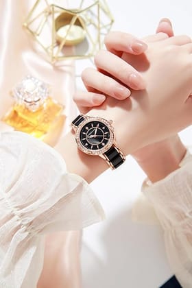 Giordano Flower Case Watch for Women with Crystal-Studded Bezel, Diamond Hour Markers & Dual Tone Stainless Steel Strap (Black)