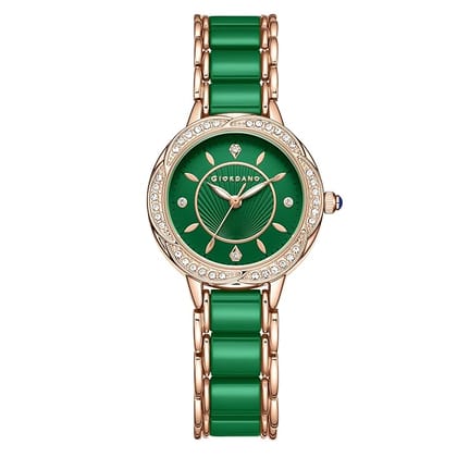 Giordano Flower Case Watch for Women with Crystal-Studded Bezel, Diamond Hour Markers & Dual Tone Stainless Steel Strap (Green)