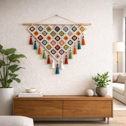 Handmade Crocheted Granny Square Wall Hanging with Colorful Tassels