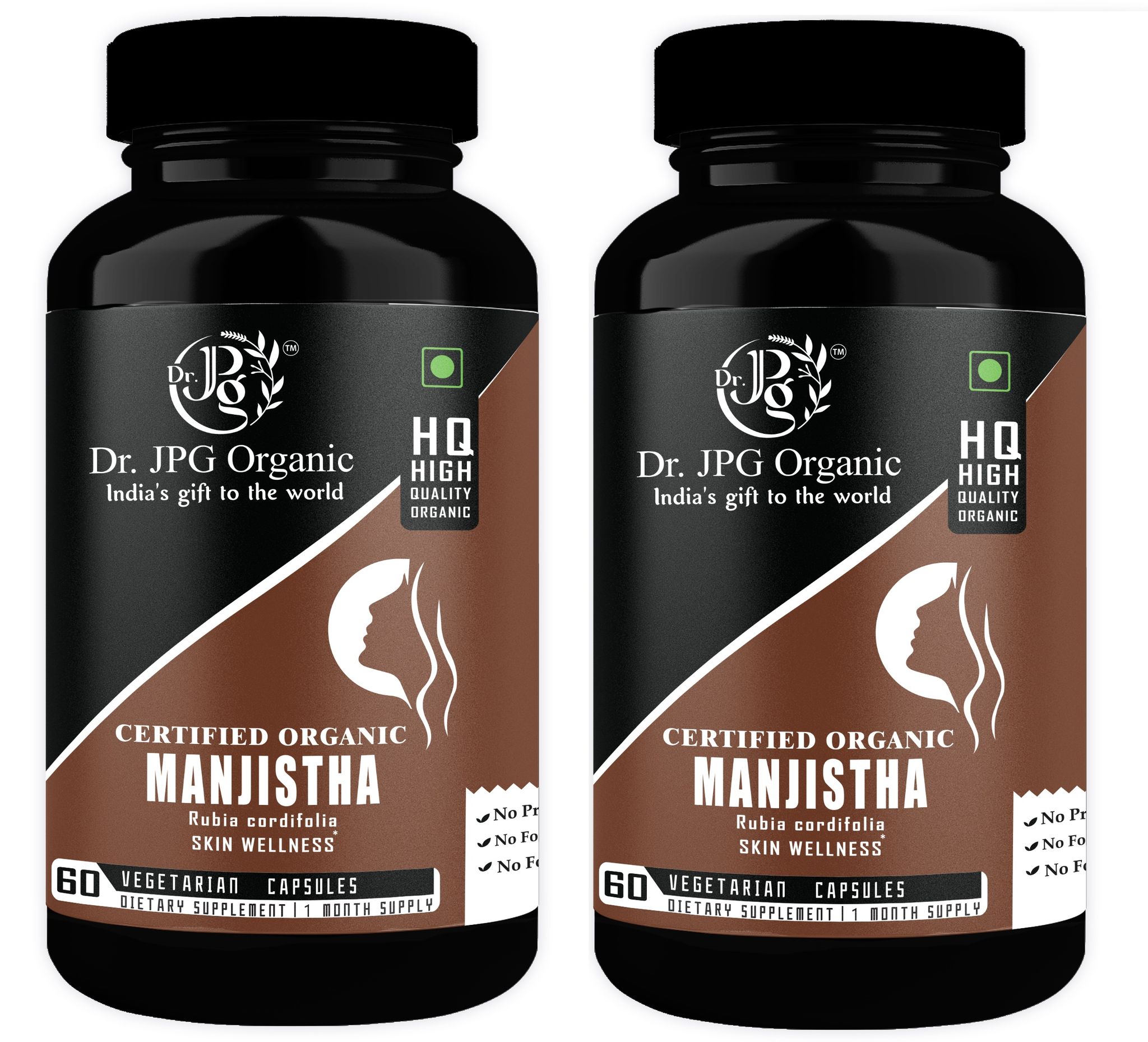 Dr. JPG Organic herbals Manjistha Capsules For Hair & Skin Care 500mg 60 Veg. Capsules/INDIA ORGANIC Certified (Pack Of 2)