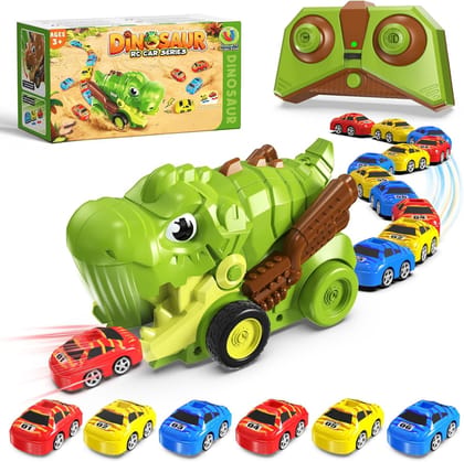 KTRS Enterprise Remote Control Dinosaur Car Toy with 6 Mini Cars | Magnetic Car Ejector Dinosaur RC Vehicle | Light & Sound | Rechargeable Battery | Interactive Toy for Kids Boys & Girls Age 3+