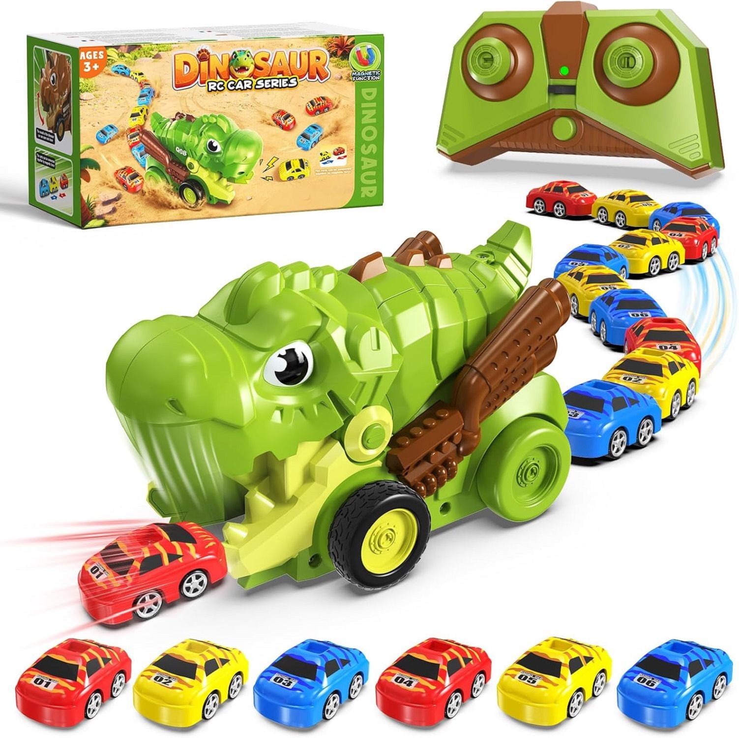 KTRS Enterprise Remote Control Dinosaur Car Toy with 6 Mini Cars | Magnetic Car Ejector Dinosaur RC Vehicle | Light & Sound | Rechargeable Battery | Interactive Toy for Kids Boys & Girls Age 3+