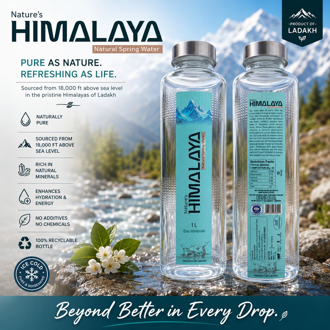 Nature's HIMALAYA Natural Spring Glass Bottle Mineral Water | Premium Himalayan Glass Bottle Mineral Water | 1 L Glass Bottles (Pack of 6) | Pure, Refreshing & Naturally Mineral-Rich