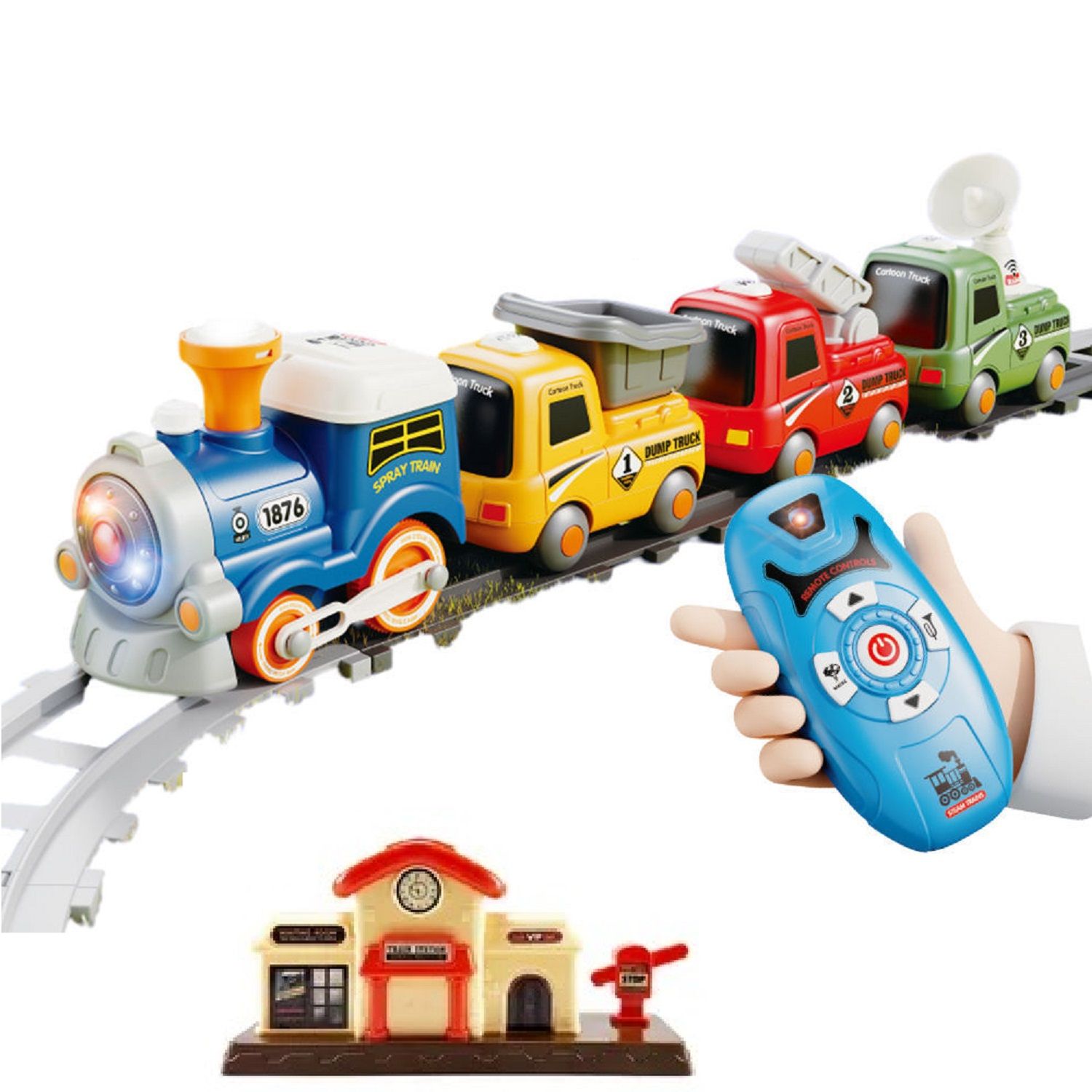 KTRS Enterprise Remote Control Cartoon Spray Toy with Steam, Light & Music | Battery Operated RC Train Engine with Cargo Coaches | Realistic Smoke Effect | Toy Train Set for Kids Boys & Girls