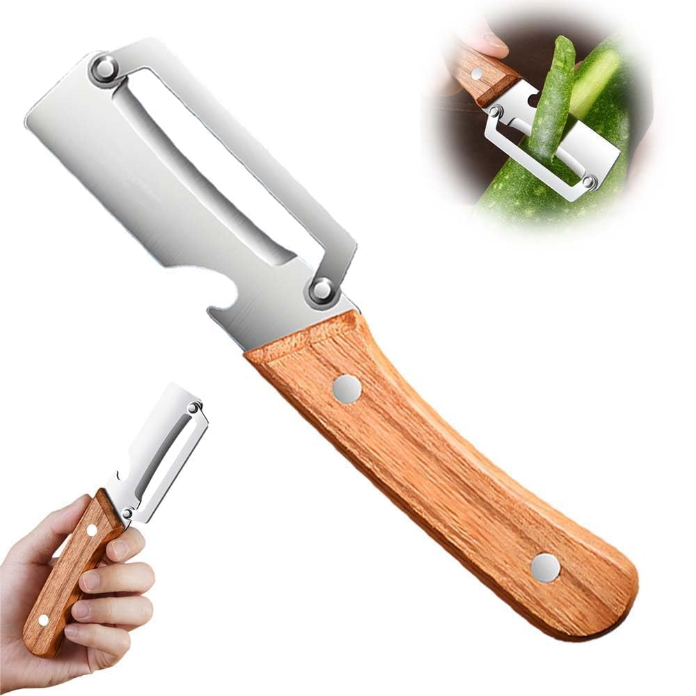 3-in-1 Stainless Steel Vegetable Peeler with Wooden Handle | Julienne Cutter, Fruit & Vegetable Slicer, Potato Peeler & Bottle Opener