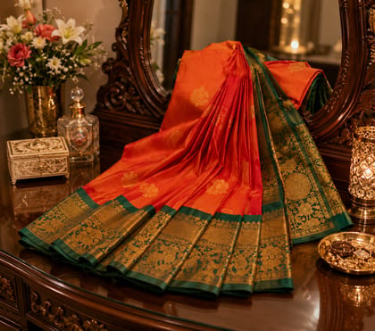 Red Orange Traditional Kanchipuram Silk Saree with Green Border & Zari Work