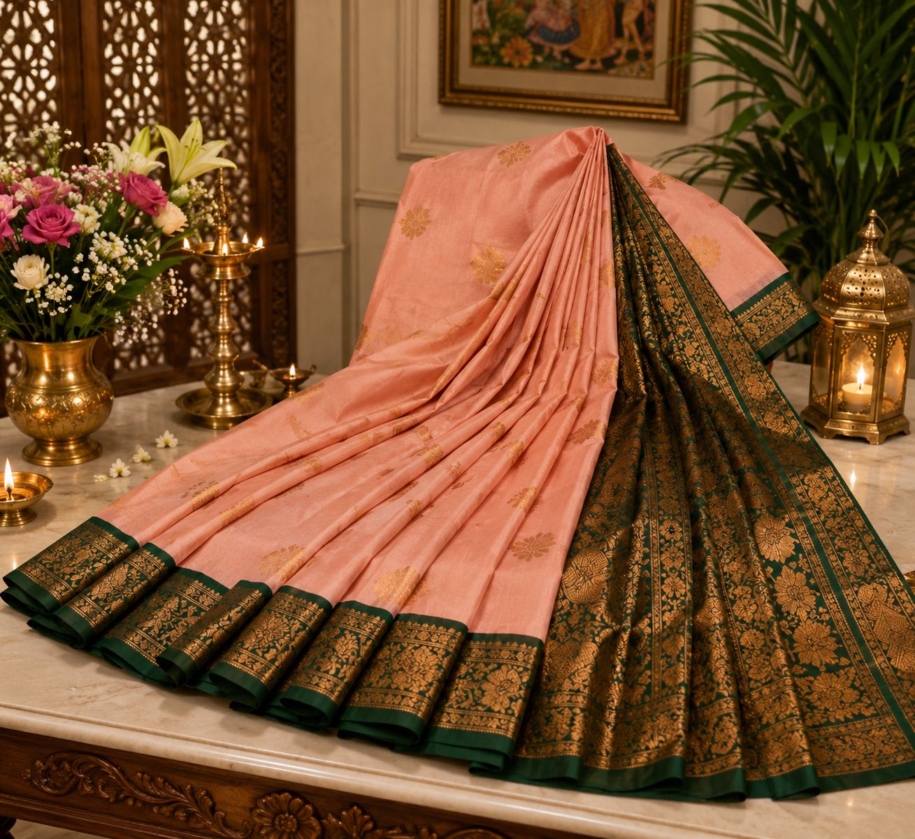 Kanchipuram Silk Saree Peach Body Green Zari Border