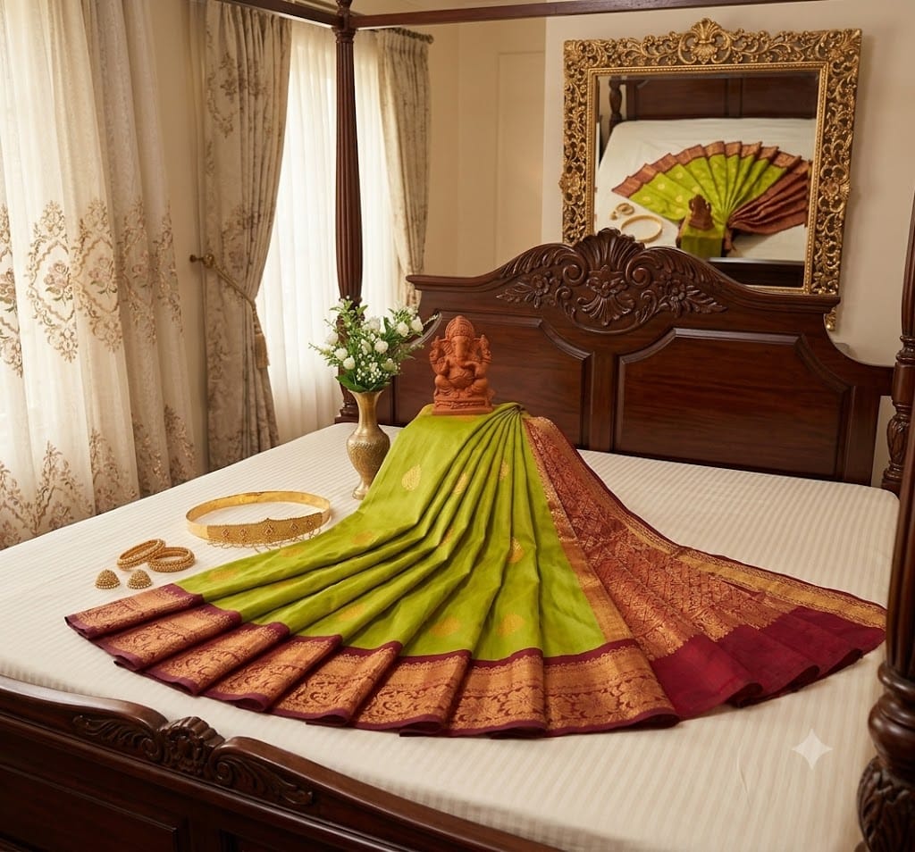 South Indian Kanchipuram Silk Saree Peach Body Green Zari Border