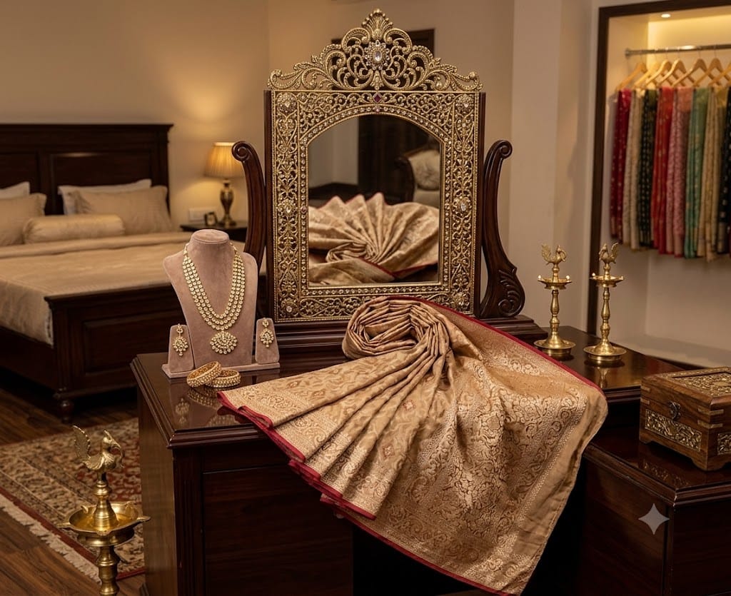 Elegant Golden Beige Banarasi Silk Saree with Rich Woven Zari Border