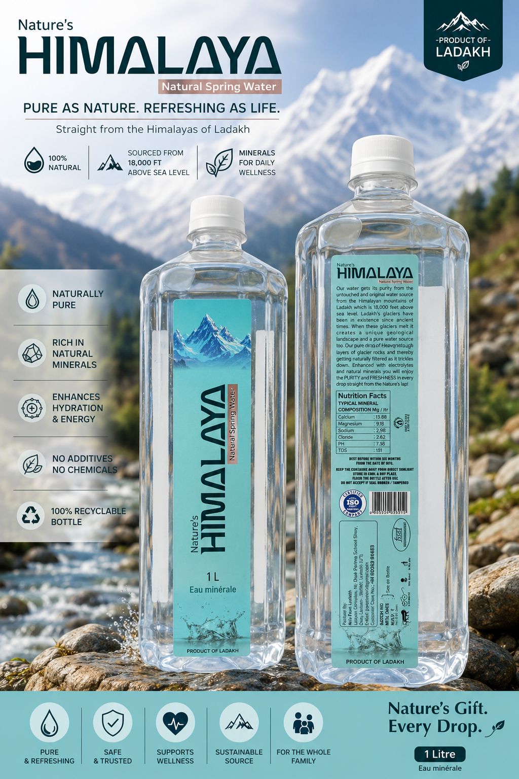 Nature's HIMALAYA Natural Spring Water 1 L (Pack of 6) | Premium Himalayan Mineral-Rich Water | Sourced from 18,000 ft in Ladakh | Pure & Refreshing