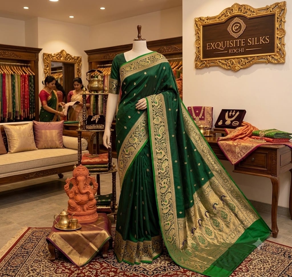Women's Banarasi Silk Blend Saree - Dark Green & Gold