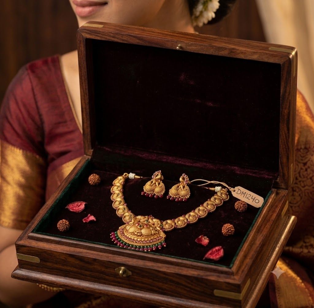 Gold Plated Peacock Lakshmi Kemp Stone Temple Jewellery Set
