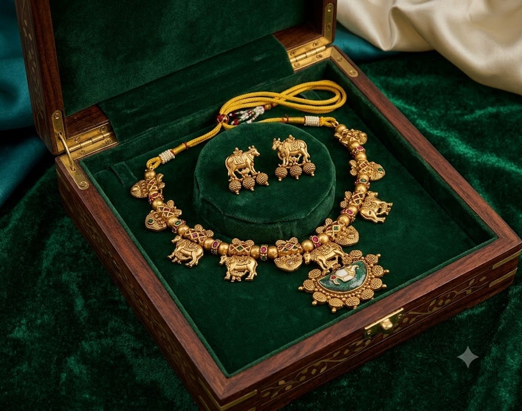 Temple Jewellery Antique Gold-Plated Necklace & Earring Set with Elephant Motifs