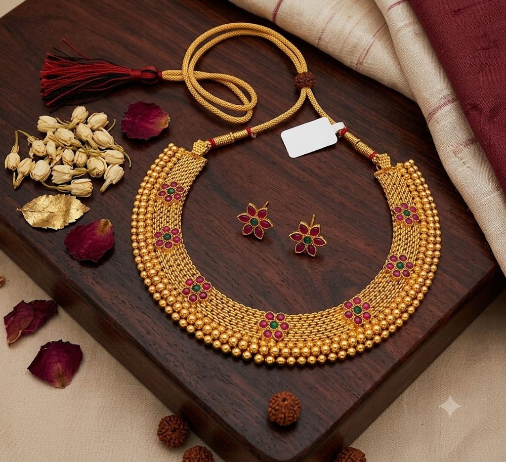 Traditional Antique Gold-Plated Temple Necklace & Earring Set with Floral Motifs