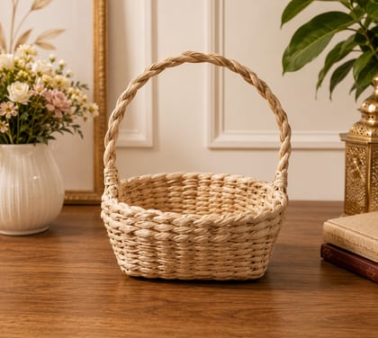 Natural Handwoven Banana Weave Basket with Braided Handle