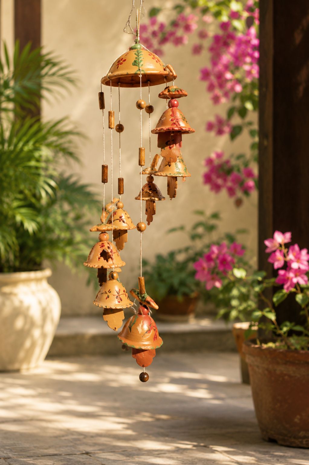 Handpainted Ceramic Bell Wind Chime - Rustic 7-Bell Design